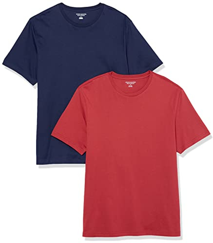 Amazon Essentials T-shirt en Coton à Col Rond à Manches Courtes, Coupe Classique Homme, Lot de 2, Bleu Marine/Rouge Foncé, S