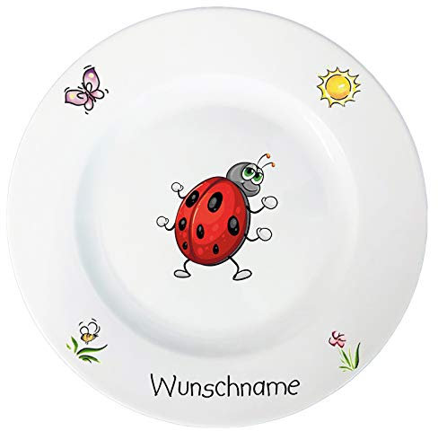 Doriantrade Speiseteller 27cm Kinderteller Teller Porzellan personalisierbar mit Wunschname Name Kindergeschirr mit Namen personalisiert (Marienkäfer)