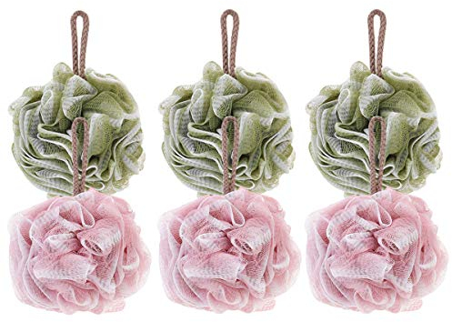 Esponja de ducha de baño, esponja de esponja de ducha, bola de puf de malla, exfoliante, limpia, calma la piel, paquete de 6 lufas de ducha (tamaño grande, esponja de baño de color)