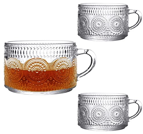 KMERCE 2 tazas de café grandes vintage con asa, taza de café con leche de vidrio, taza para desayuno, espresso, bebida caliente fría, 500 ml, apta para lavavajillas, apta para microondas