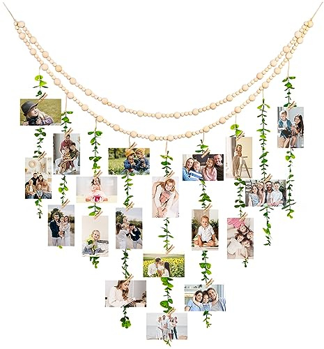 TXIN Hanging Photo Display Holder Wall Decor with Wooden Cards Clips, Boho Style Picture Frame Wood Beads Garland Artificial Eucalyptus Plant Home Decoration for Farmhouse Greenery Cubicle Bedroom
