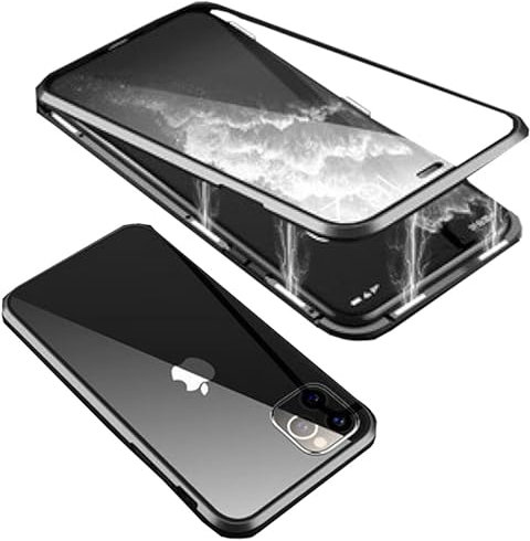 Wigento Für iPhone 15 Handy Tasche 360 Magnet Glas Bumper Metall Hülle Etuis Case Schwarz