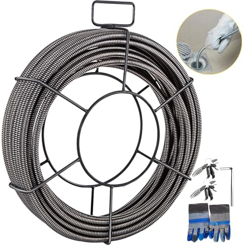 VEVOR Cable de limpieza de drenaje de 100 pies x 3/8 pulgadas, cable de alcantarillado de acero sólido con 4 cortadores para tuberías de 2 a 4 pulgadas, cable limpiador de barrena de alcantarillado