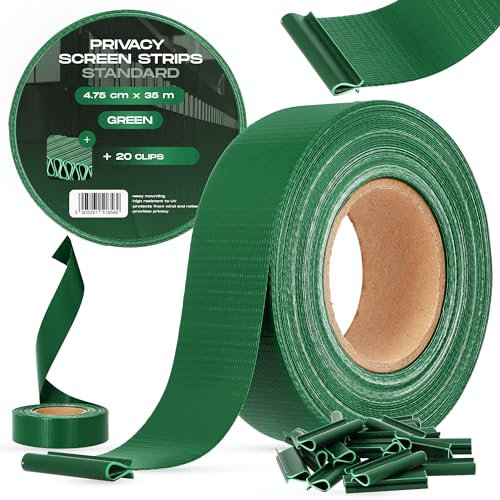 Brise-Vue Occultant 4,75 cm x 35 m Bande Film Clôture Jardin Balcon Double Fil Barreaux 20 Clips Fixation Protection Solaire Contre Vent Intempéries Rouleau
