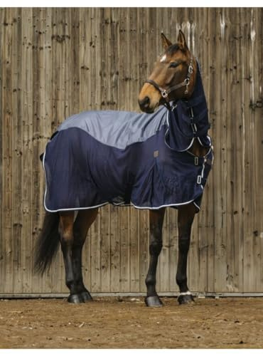EQUITHÈME - Regen- & Fliegendecke mit Halsteil 420D | Pferdedecke mit Mesh, Kreuzgurten, Beinschnüren & Schweiflatz | wasserdichte Regendecke in Marineblau | Outdoordecke für Pferde | 125cm