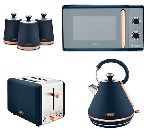 Tower Cavaletto Midnight Blue 1.7L 3KW Pyramid Kettle, 2 Slice Toaster, 800W 20L Microwave & Canisters. Matching Kitchen Set of 6 in Midnight Blue with Rose Gold Accents