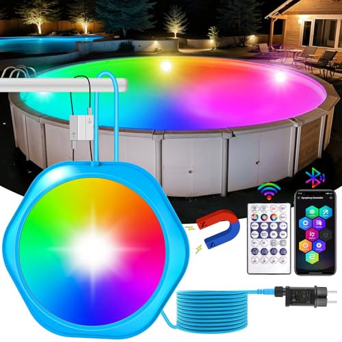 NATPOW 18W RGB Poolbeleuchtung, LED Unterwasser Teichbeleuchtung mit Magnet, Bluetooth APP Fernbedienung, IP68 wasserdicht, Timing Funktion Unterwasserleuchten für Stahlwandpools Framepools