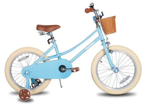 JOYSTAR 18 Zoll Kinderfahrrad für Kleinkinder 6-9 Jahre Mädchen, Mädchenfahrrad mit Stützrädern & Korb, Kinderfahrrad,blua