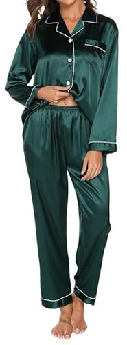 TeJoyce Pijama de Seda Largo para Mujer, Ropa de Dormir de Satén de Dos Piezas, Conjunto Loungewear de Raso de Manga Larga con Botones y Pantalón, Ropa de Casa Elegante y Cómodo de Invierno S-XXL