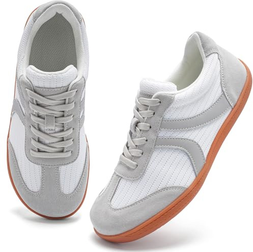 Wide Fit Barefoot Shoes for Womens Trainers Comfortable Lightweight Ladies Fashion Walking Sneakers Arch Support Memory Foam Lace Up Outdoor Running Shoes GREYWHITE UK 4