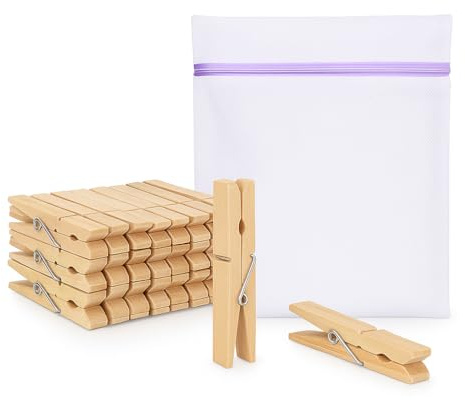 Set 72 Pinzas de Ropa de Madera Natural con Bolsa Lavadora para Ropa Interior, Pinzas Resistentes y duraderas para Tender Ropa, Ideal para Interior y Exterior