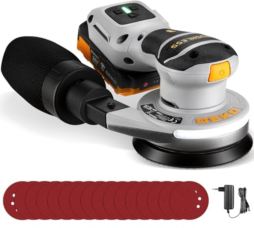 DEKOPRO Lijadora Orbital Inalámbrica sin Escobillas 20V, 12.000 rpm, Incluye 16 piezas de lija 125 mm, con luz de Trabajo LED (Batería de 2,0 Ah incluida), Apta para lijado y carpintería