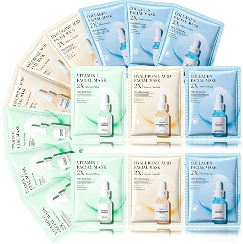 Maschera Viso in Tessuto 15 Pezzi， Set Anti-età con Collagene, Acido Ialuronico e Vitamina C, Maschere Idratanti e Rassodanti per Pelli Mature e Secche, Trattamento Professionale a Casa