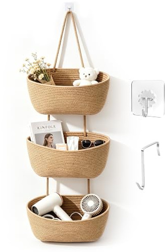 Seivunol Cesta de Almacenamiento Colgante de 3 Niveles, Cesta de Pared Tejida en Cuerda de Algodón con Ganchos, Resistente y Duradera, Organizador para Puerta, Salón, Baño y Dormitorio (Caqui)