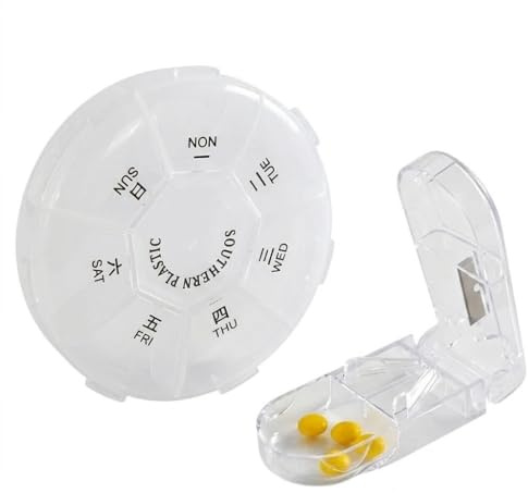 Pilulier Semainier 7 Jours + Coupe-Comprimé – Rond 8,5 cm et Coupe Médicaments Pilulier Portable pour Voyage Durdiiy Boîte à Comprimés Pilulier Semaine Matin Midi Soir