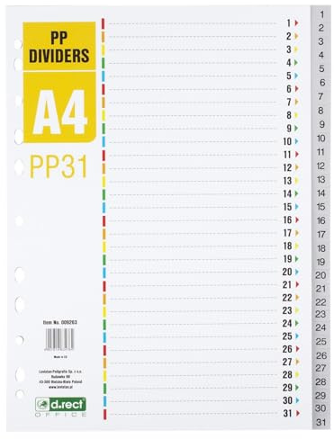 D.RECT Register für A4, PP31, 31 Trennblätter, Ringbuchregister, Taben mit Zahlenaufdruck 1-31, Grau, Farb-Trenner aus PP, Polypropylen