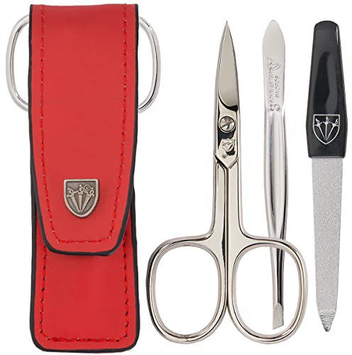 3 Swords Germany - brand quality 3 piece manicure pedicure grooming kit set for professional finger & toe nail care scissors file genuine leather case in gift box, Made by 3 Swords (004185)