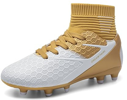 DREAM PAIRS Boys Girls Soccer Cleats Youth Firm Groud Outdoor Sport Athletic High Top Football Shoes for Little/Big Kid,Size 13 Little Kid,Gold/White,HZ19002K