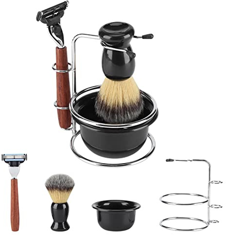 Joyzan Shaving Kit for Men, 4 in 1 Best Badger Bristles Manual Brush Stand Soap Cup Bowl Set Safety Razor Stainless Steel Straight Hair Holder Gift Father Husband Brother Birthday Christmas
