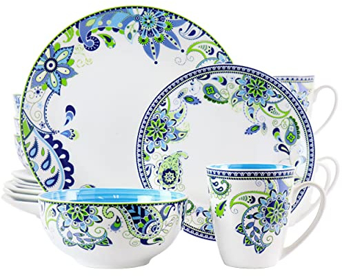 Elama Blue Crush 16 Piece Round Porcelain Dinnerware Set Mandala Paisley