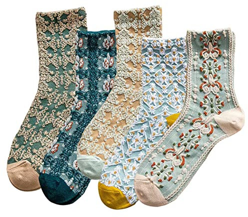 DXYAKY 5 Paar Damen-Socken mit Blumenmuster, Baumwolle, Vintage-Muster, Rundhals-Socken, Knöchel, gerüscht, warm, lässig, Socken, 5 Paar – Blau, Einheitsgröße