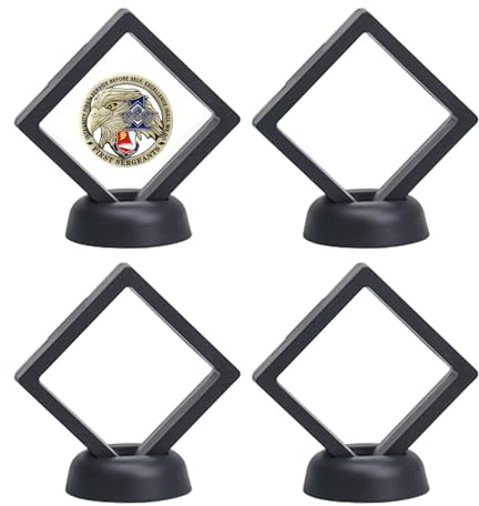 Marco flotante 3D con soporte, soporte de exhibición de monedas de desafío, paquete de 4 exhibidores flotantes, marco de embalaje de regalo de 2.75 x 2.75 pulgadas (negro)