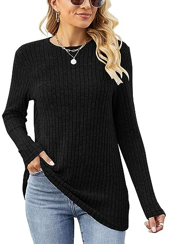 Famulily Hauts à manches longues pour femmes Pulls en tricot légers décontractés à col rond pour dames, Noir , L