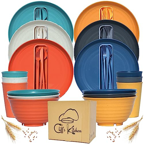 48 Pcs Wheat Straw Dinnerware Sets for 6- Unbreakable Dinnerware Set with Large Plates, Bowls and Cups-BPA Free, Lightweight, Microwave Safe Wheat Straw Plates and Bowls Sets, RV Camping Dishes