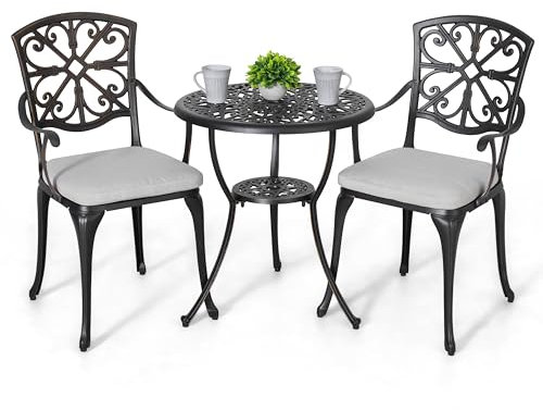 NUU GARDEN Bistro set 3-delat utomhus alla väder gjutet aluminium uteplats bistro set uteplats bord och stolar, set med 2 med paraplyhål och grå kuddar för trädgård, balkong, gräsmatta, svart