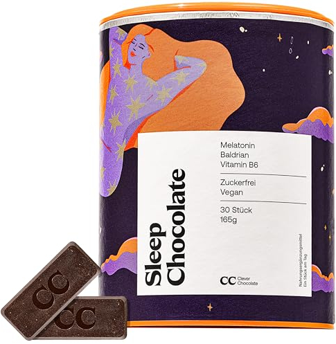 Sleep Chocolate mit Melatonin + Baldrian für verkürzte Einschlafzeit - Zuckerfrei - Vegan - 60 Stück - Made in Germany - Clever Chocolate