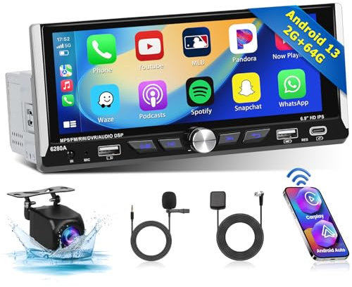 [2G+64G] Hikity Android Radio Coche 1 DIN Carplay Inalámbrico Android Auto Radio para Coche Bluetooth GPS WiFi con Pantalla Táctil 6,9 Pulgadas RDS FM EQ Cámara Trasera