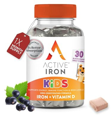 Active Iron Supplement 7 mg + Vitamin D for Kids – Increases Iron & Energy Levels – Gentle, Non-Constipating Blackcurrant Chews – Highly Absorbed – Supports Growth & Immune Health – 30 Chews