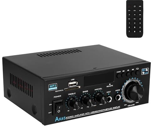 Bluetooth Amplifier HiFi Audio Stereo Amplifiers, 300Wx2, 2 Channel Power Sound Receiver, w/FM Radio Karaoke, w/USB/SD/RCA/MIC/FM, Remote Control, for Home Theater & Bookshelf Speakers