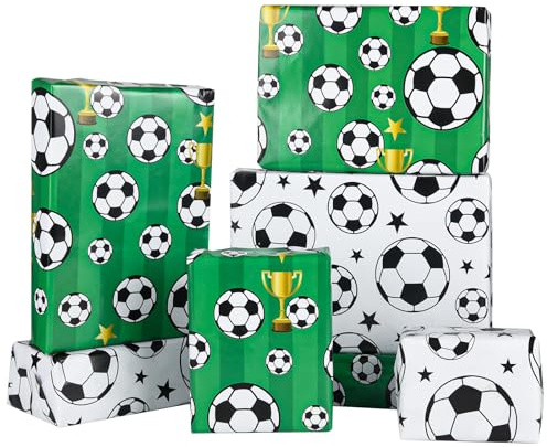 PLULON 12 Hojas Papel de Regalo de Fútbol, 70x50cm, Papel Reciclable para Regalos de Cumpleaños, Fiestas y Aficionados del Fútbol, Ideal para Niños y Niñas