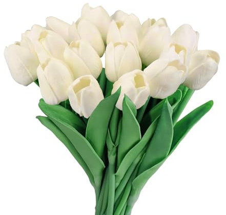 GIUSOBG Tulipani Artificiali 15 Pcs Fiori Artificiali Finti 34cm Tulipani in lattice Fiori Finti di Realistici Bouquet di Fiori finti per Casa per Matrimoni,Giardino (Beige)