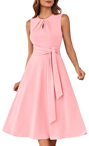 Women's Wedding Guest Dress Simple Swing Summer Dress with Belt Light Pink M