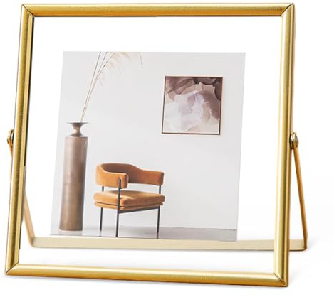 TESSTSY Marco Dorado 15x15 cm, Marco de Fotos de Cristal Para Flores Prensadas, Marco Para Flores Secas, Marcos Cristal, Fotos Metal Vertical, para Fotos de 10x10 cm, 9x13 cm y 5x8 cm