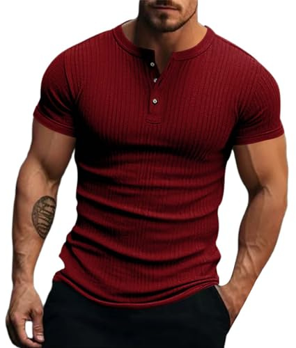 Henley-Hemden für Herren, kurzärmelig, gerippt, 4 Knöpfe, lässig, Muskel-Stretch-Blusen, schmale Passform, Weinrote Henley-Shirts für Herren, kurzärmelig, XXL