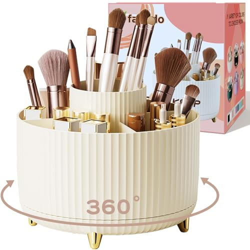 fanado 360° Rotating Makeup Organiser, Makeup Brush Holder, 5 Compartment Makeup and Skincare Storage for Vanity, Desktop, Bathroom (Ivory)