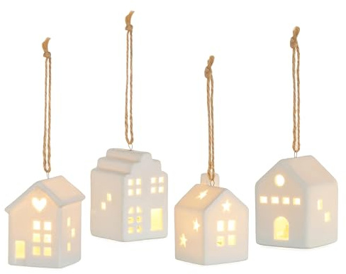 Staymoment Adornos para árbol de Navidad, set de 4 casas LED blancas con iluminación, cerámica, pueblo navideño con luces, pequeño adorno navideño, decoración para Navidad
