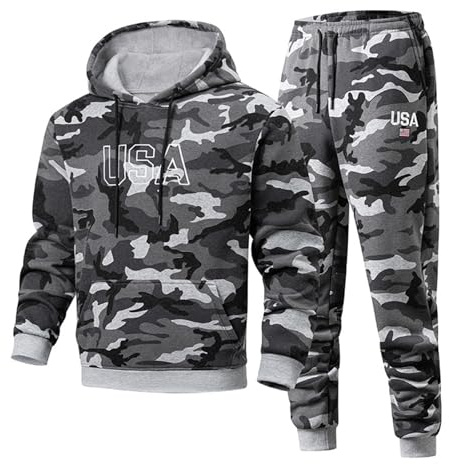 Rrongwn Chándal para hombre, traje de entrenamiento ligero, chándal de gimnasia, chándal de ocio, chándal deportivo, deporte invierno, talla grande, estampado de camuflaje, sudadera con capucha