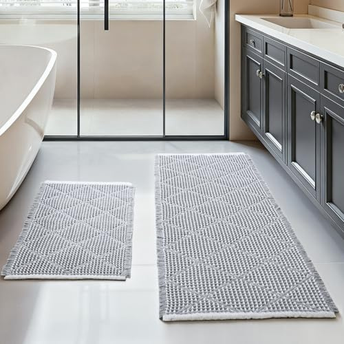 Großes Badezimmerteppich Set 2 Teilig, Badteppich Rutschfest Waschbar, Badematte Grau, Boho Bathroom Mat, Rhombische Badvorleger für Badezimmer Deko,Waschküche, 51 x 120 cm + 46 x 77 cm Teppich Bad