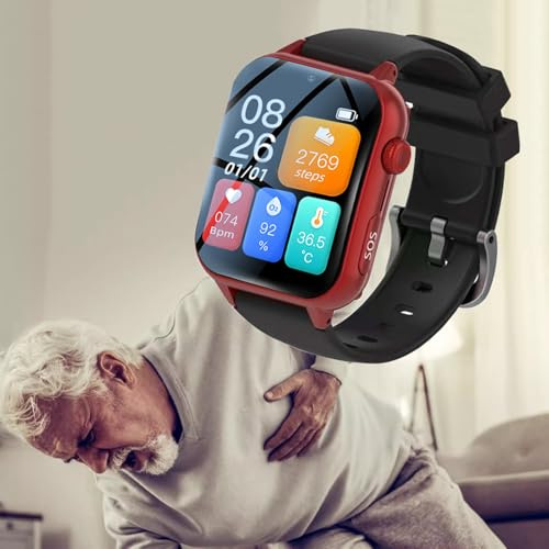 Weyot Boton Emergencia Ancianos, 1.83'' Reloj Inteligente con Detección De Caídas, SOS, Vibración De Llamada Entrante Y Impermeable IP67, Reloj Localizador Personas MayoresRed,49.8x41x12.8mm