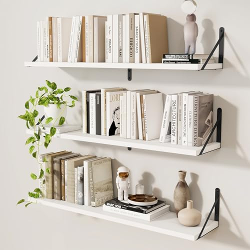 Feihorrm Wandregal 3er Set, Bücherregal Wand, Wandregal Holz, Schweberegal für Wohnzimmer, Schlafzimmer, Küche, Badezimmer & Arbeitszimmer, Weiß, 90 x 20 x 16.4 cm