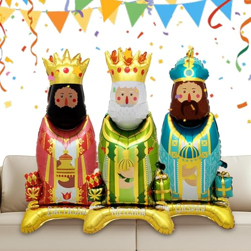Globos Reyes Magos, 3 Piezas Globo de Pie Forma Rey para Decoración, Globos Fiesta Navideña Metalizados, Globo Foil Reyes Magos Para Navidad Eventos Corporativos Reuniones Familiares Graduación