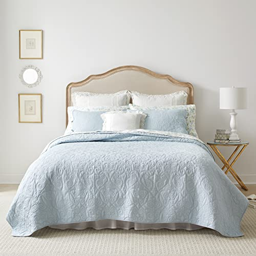 Laura Ashley Felicity Collection Steppdecken-Set, ultraweich, für alle Jahreszeiten, wendbar, stilvolle Decke mit passenden Kissenbezügen, Queen-Size-Bett, Breeze Blue