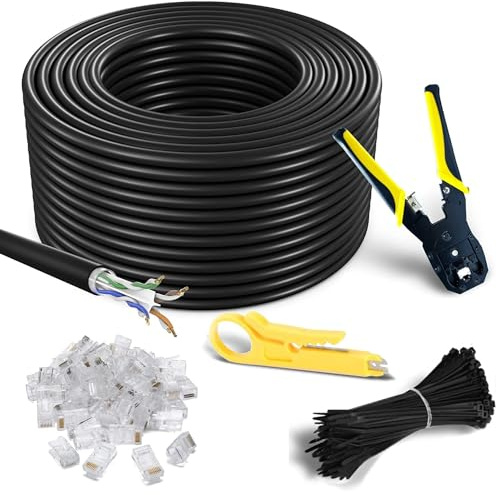 MutecPower 100m CAT6 Outdoor waterproof Direct Burial Ethernet Network Cable - UTP - CCA - 550 Mhz - Black 100 meter with Crimping tool RJ45 connectors and Cable Ties