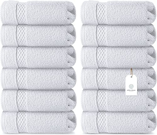 White Classic Luxury Cotton 12 Pc Flannel Set, Hotel Style Small Bath Towel Face Cloth 33x33 cm, Soft Plush White Flannels Pack of 12, Thick High Absorbent Wash Clothes, Face Towels, 12 Pack, White
