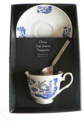 Blue willow pattern cup and saucer set boxef, bone china gift boxed set wtih teaspoon