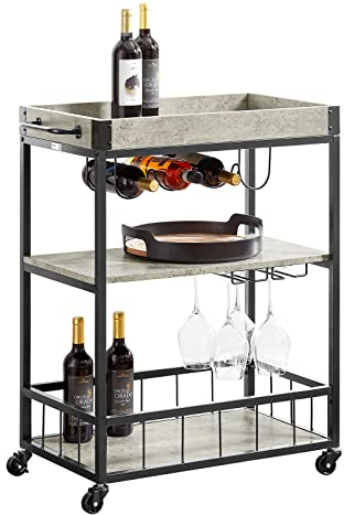 SoBuy Carrello Cucina salvaspazio Angolo Bar per casa con portabottiglie e Vassoio Stile Industriale Grigio, L80*P40*A90 cm FKW56-HG
